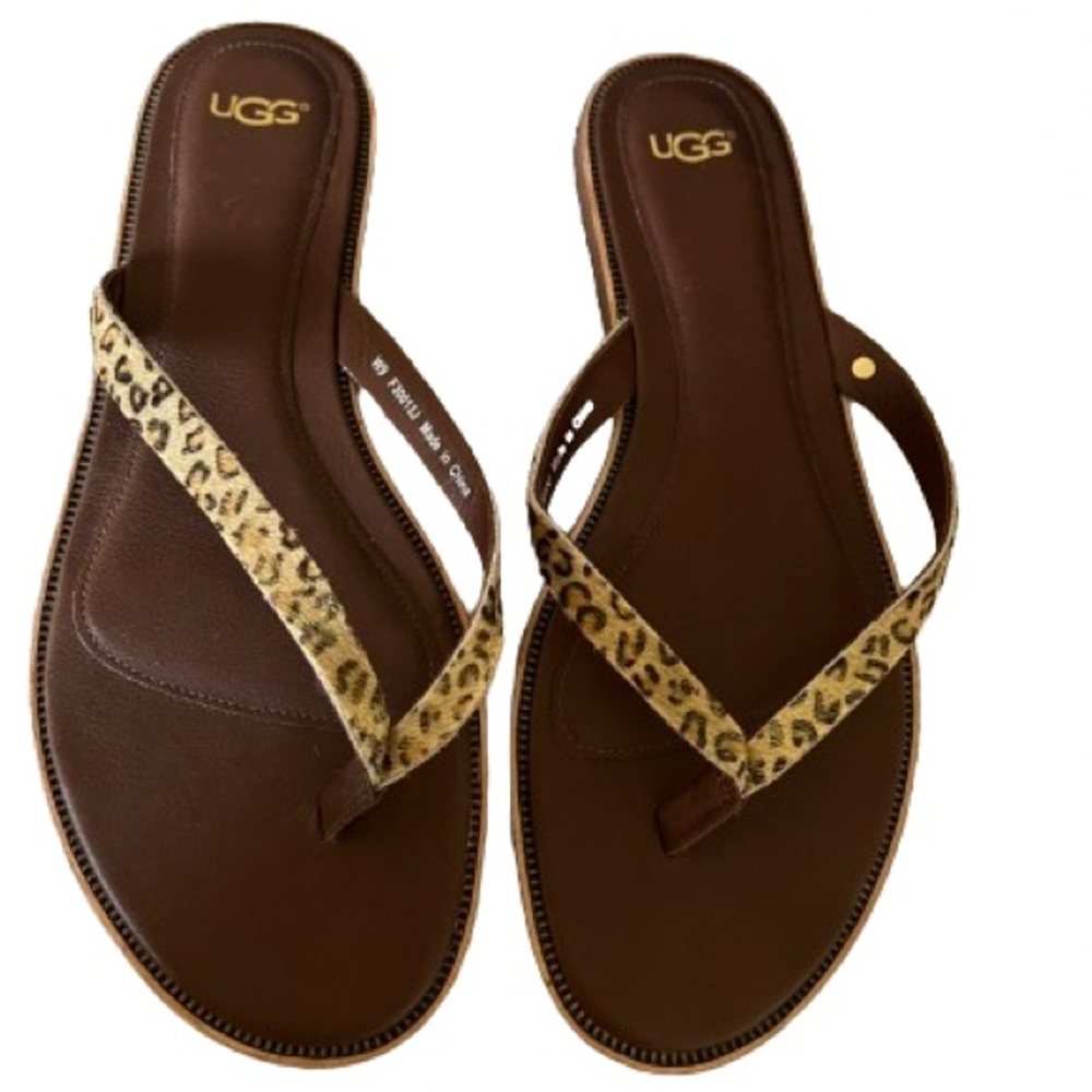 UGG Sandals Cheetah Leopard Print Calf Hair Leather Flip Flops Size 9